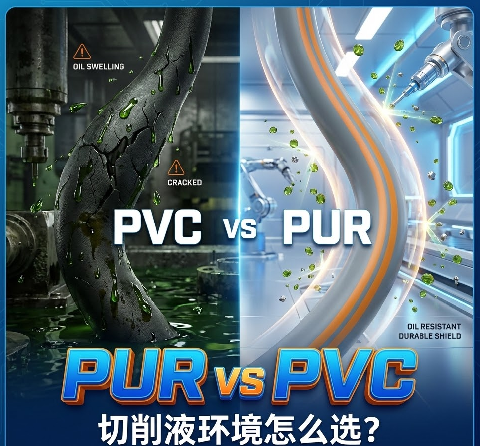 PUR vs PVC：机床切削液环境下，你的拖链电缆选对护套了吗？